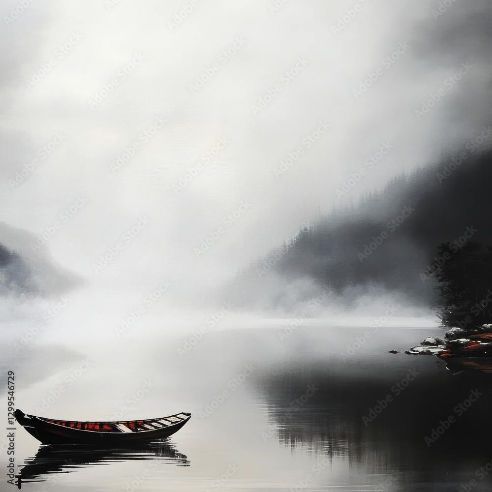 Fototapeta premium In the early morning, a thick mist descends over a calm lake, creating a serene atmosphere. A lone boat floats gently, adding to the peaceful scene surrounded by nature and mountains