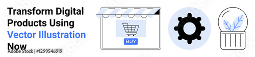 Online store with a shopping cart, gear for customization, and a terrarium for innovation. Ideal for e-commerce, technology, creativity, modern trends, business solutions, product design flat