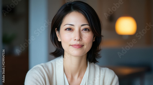 woman with short hair, wearing light sweater, smiling softly in cozy indoor setting. Free Download woman with short hair, wearing light sweater, smiling softly in cozy indoor setting. - GFXLoad