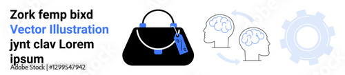 Handbag with attached tag, profiles of brains with arrows showing thought exchange, and gear icon for productivity concept. Ideal for creativity, fashion, design thinking, innovation, retail