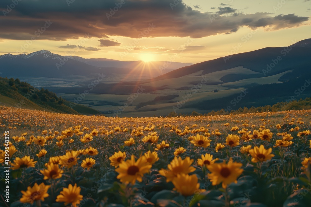 Fototapeta premium A vibrant field of sunflowers under a stunning sunset with mountains in the background.