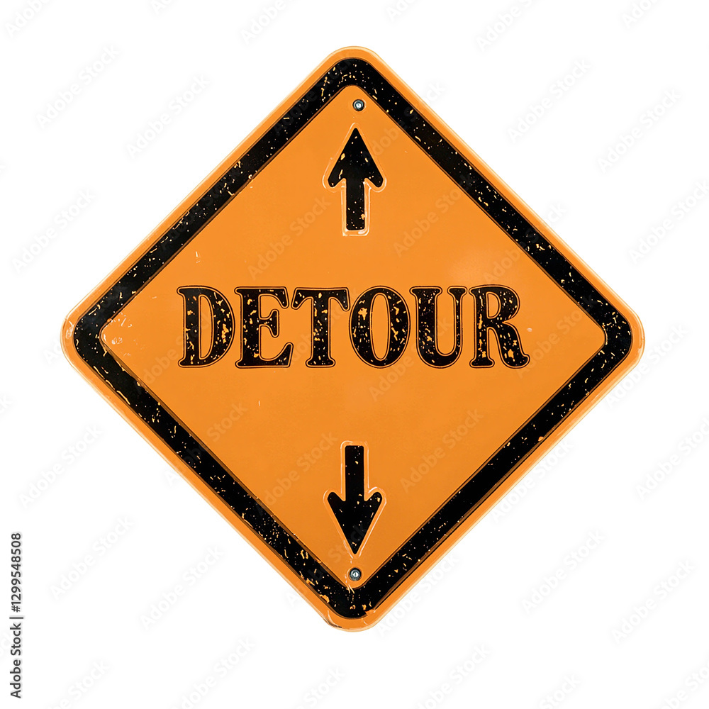 Vibrant orange DETOUR sign with arrows on white background Perfect for road related concepts and navigation designs Vibrant orange DETOUR sign with arrows on white background Perfect for road related concepts and navigation designs
