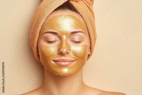 A young woman relaxing with a gold facial mask and a towel on her head against a neutral background.