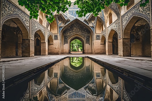 A tranquil Islamic courtyard with intricate tile work, surrounding lush greenery and a reflecting pool. The image captures the architectural beauty and serenity of the space
