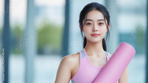 Free Download young Asian woman in pink workout outfit holds yoga mat, exuding confidence and readiness for exercise. - GFXLoad