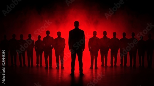 A striking silhouette of a man in front of shadowy figures against a vivid red backdrop, creating a dramatic atmosphere.