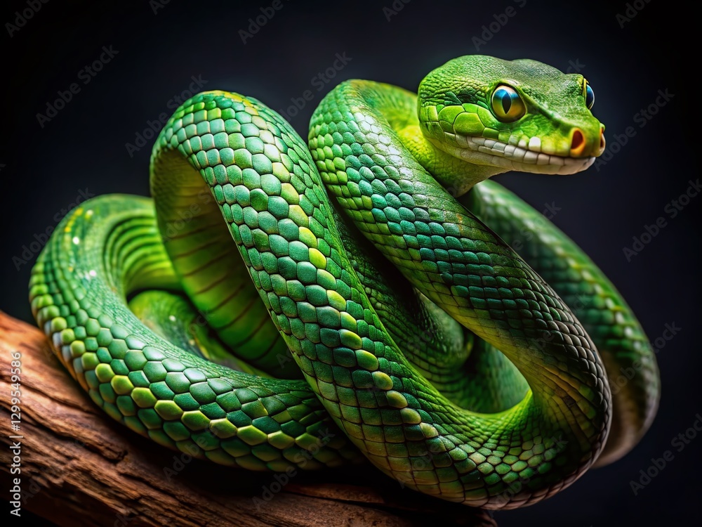 Fototapeta premium Green Tree Parrot Snake on Black: Striking Fashion Photography