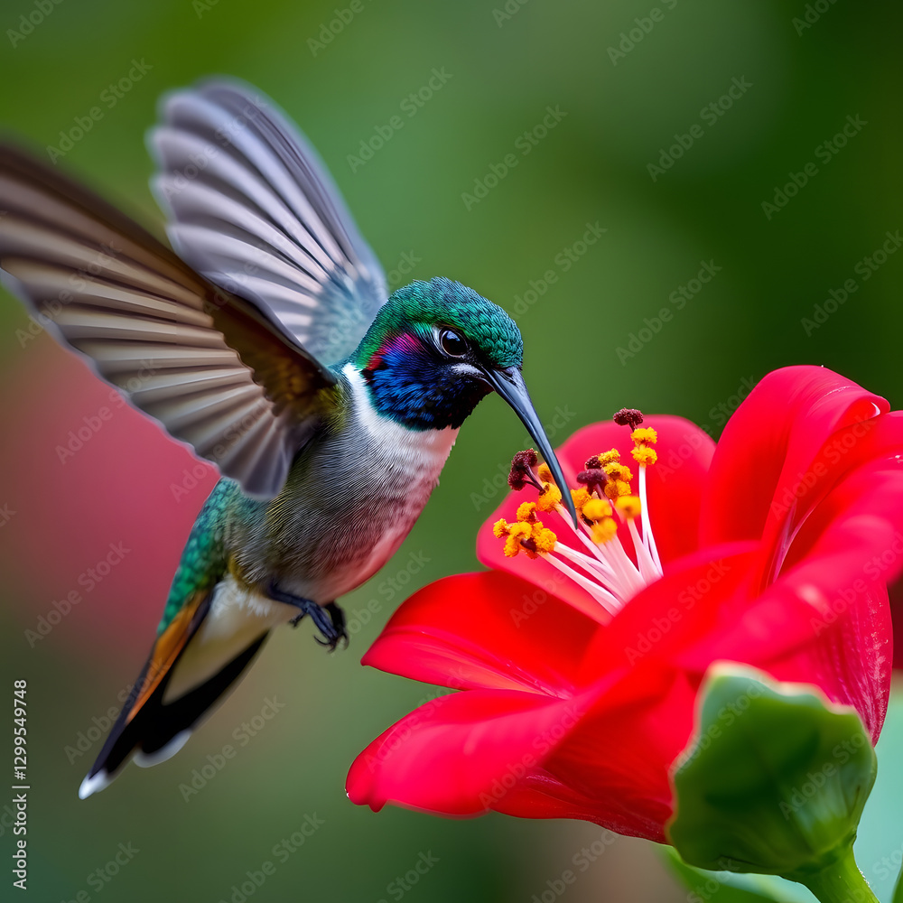 Obraz premium Colorful iridescent hummingbird bird close-up flower