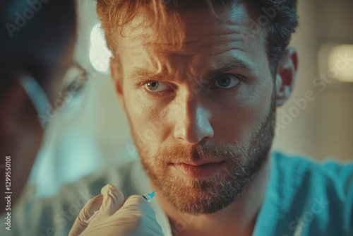 Close-up of a man receiving an injection, showing his apprehensive expression and the doctor's gloved hand.