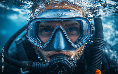 Diver wearing a mask underwater. Person in diving suit submerged in water. Close-up portrait of a scuba diver.