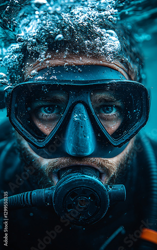 Diver wearing a mask underwater. Person in diving suit submerged in water. Close-up portrait of a scuba diver.