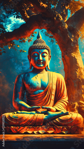  Lord Buddha in deep meditation, situated beneath the big Ficus religiosa tree,