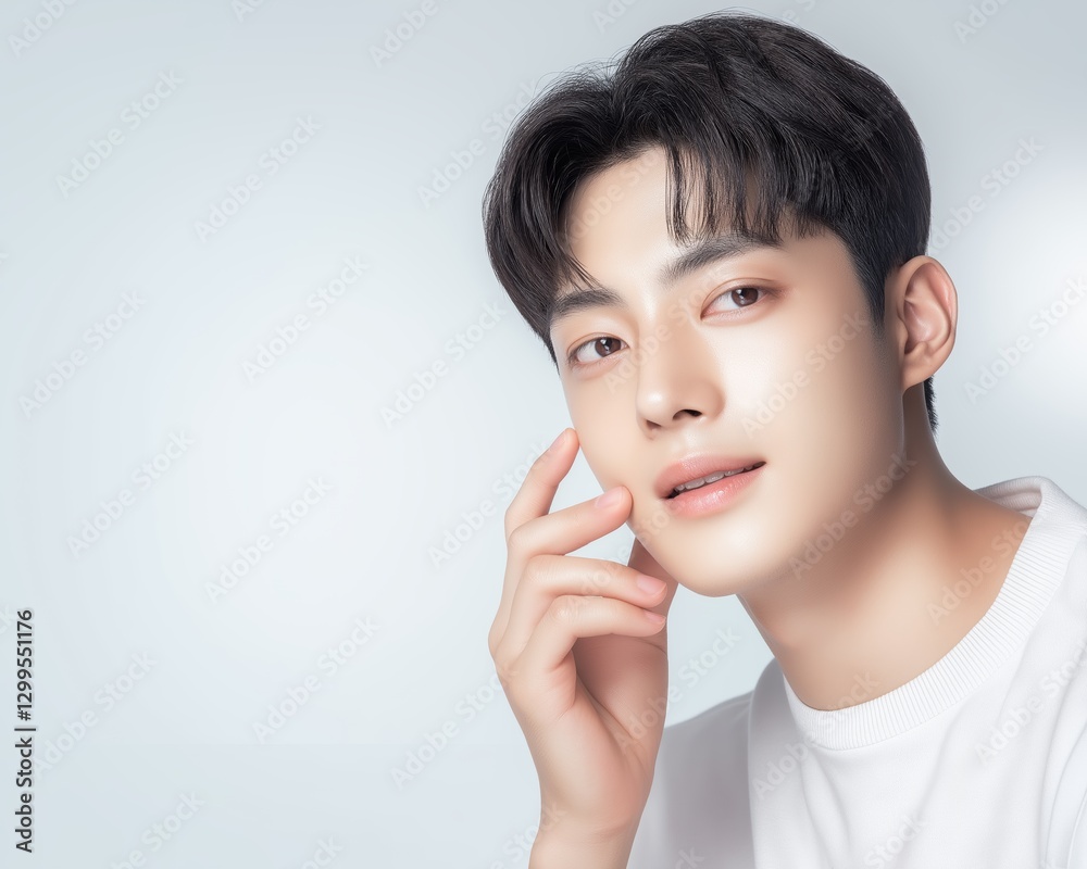 A young Korean man poses thoughtfully against a light background, showcasing clear skin and stylish hair, skin showcasing Korean skincare principles, exuding a calm and approachable demeanor. A young Korean man poses thoughtfully against a light background, showcasing clear skin and stylish hair, skin showcasing Korean skincare principles, exuding a calm and approachable demeanor.
