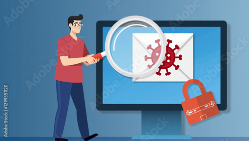 Man Detecting Virus in Email with Magnifying Glass, Concept of Online Security and Spam