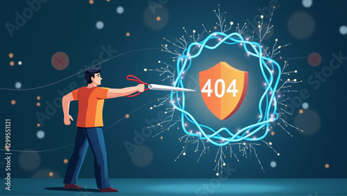 Man cutting electric wire, concept of connection error and internet disruption, 404 page not found