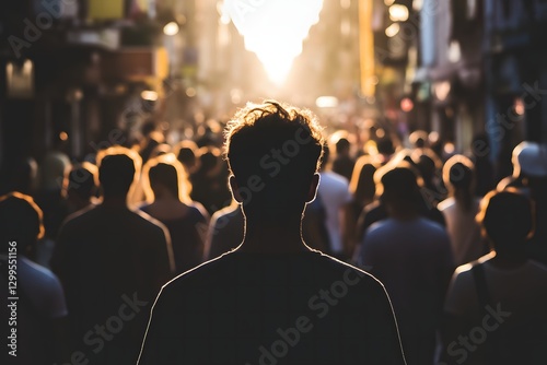 A faint outline of a person walking through a crowded street, the rest of the scene in soft focus, symbolizing being unnoticed in a crowd. 