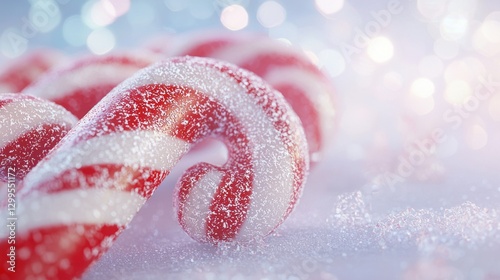 Red and White Candy Cane with Sparkling Sugar on Snowy Background