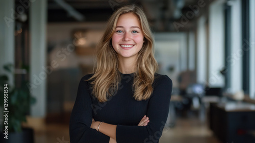 confident young woman smiling in modern office space, showcasing professionalism and positivity. Free Download confident young woman smiling in modern office space, showcasing professionalism and positivity. - GFXLoad