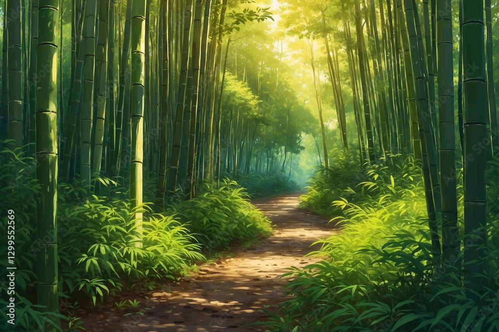 Fototapeta premium Anime style of winding path in dense bamboo forest with soft sunlight filtering through the leaves