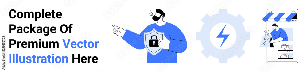 Man with security shield and lock points forward, gear with lightning bolt, and mobile online store interface. Ideal for cybersecurity, energy, technology, shopping, software, startups flat landing Man with security shield and lock points forward, gear with lightning bolt, and mobile online store interface. Ideal for cybersecurity, energy, technology, shopping, software, startups flat landing