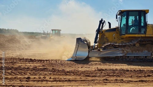 Wide angle view of heavy machinery operating in dusty construction site