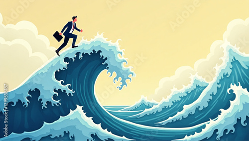 Riding the Waves: Businessman Navigating Financial Volatility, Depicting Investment Risks and Opportunities
