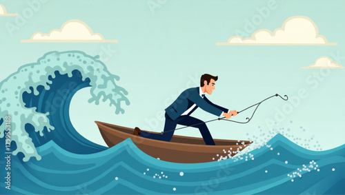 Riding the Waves: Businessman Navigating Financial Volatility, Depicting Investment Risks and Opportunities