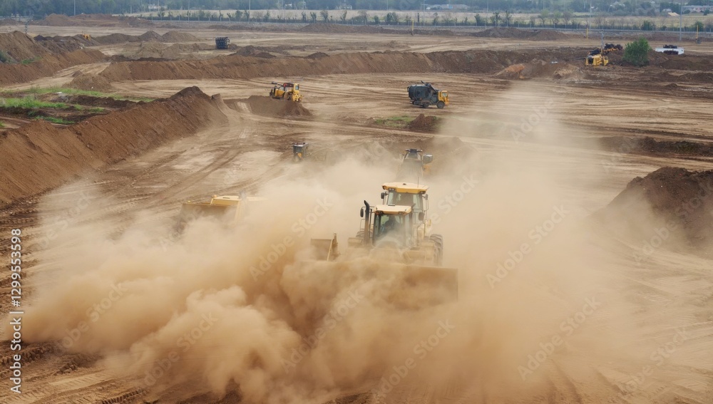 Fototapeta premium Construction vehicles working on a dusty site industrial landscape aerial view