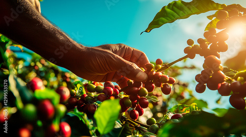 Brazilian coffee farmer harvesting ripe cherries under bright blue sky, warm sunlight, authenticity