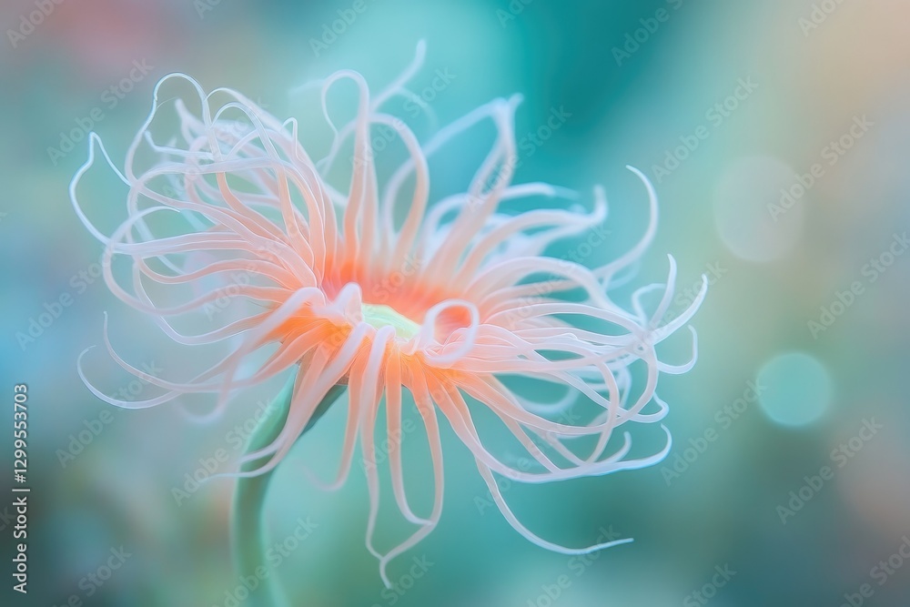 A delicate sea anemone, showcasing its intricate tentacles and vibrant peach hue against a soft, teal background. A delicate sea anemone, showcasing its intricate tentacles and vibrant peach hue against a soft, teal background.