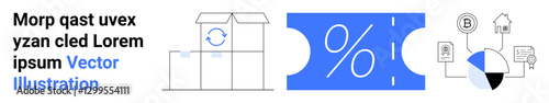 Boxes with return arrows, percentage discount coupon, blockchain and analytics pie chart. Ideal for e-commerce, shipping, returns, sales, data analysis blockchain digital services. Abstract line