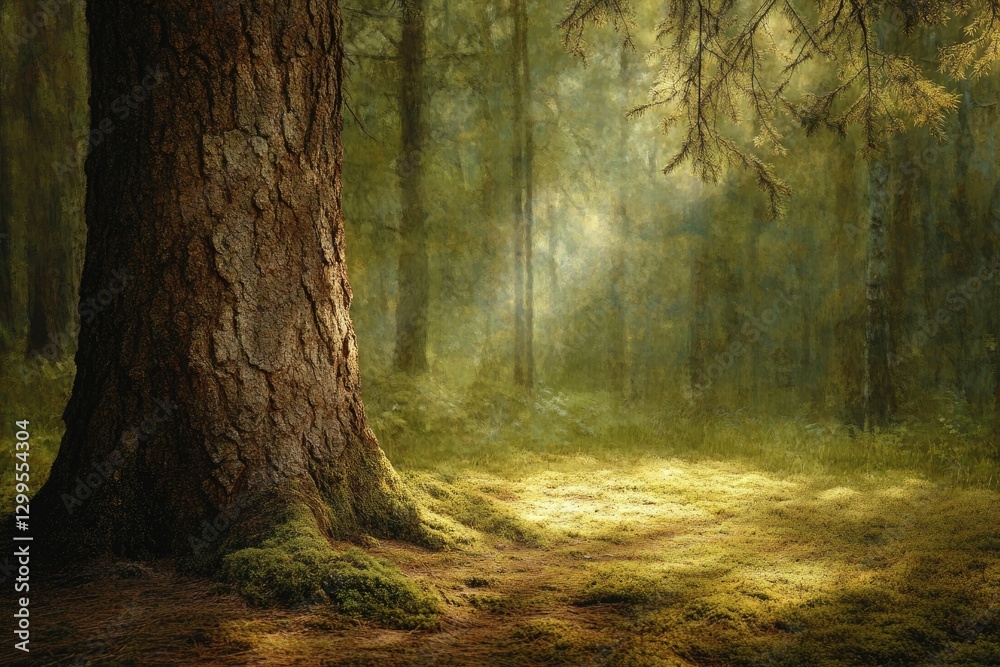 Obraz premium Sunlit forest scene with a large tree, mossy ground, and peaceful atmosphere.