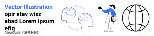 Person sharing ideas beside outlined brains and globe, representing connection, collaboration, global communication, education, teamwork, innovation, and knowledge transfer. Ideal for flat landing