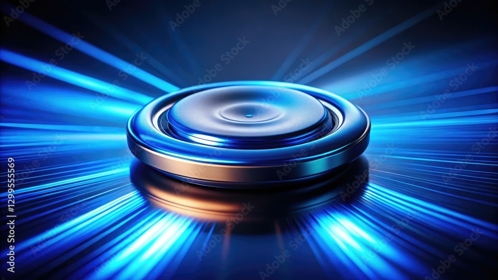 A glossy blue button, smooth and reflective, dominates a dark, minimalist still life in a long exposure shot. A glossy blue button, smooth and reflective, dominates a dark, minimalist still life in a long exposure shot.