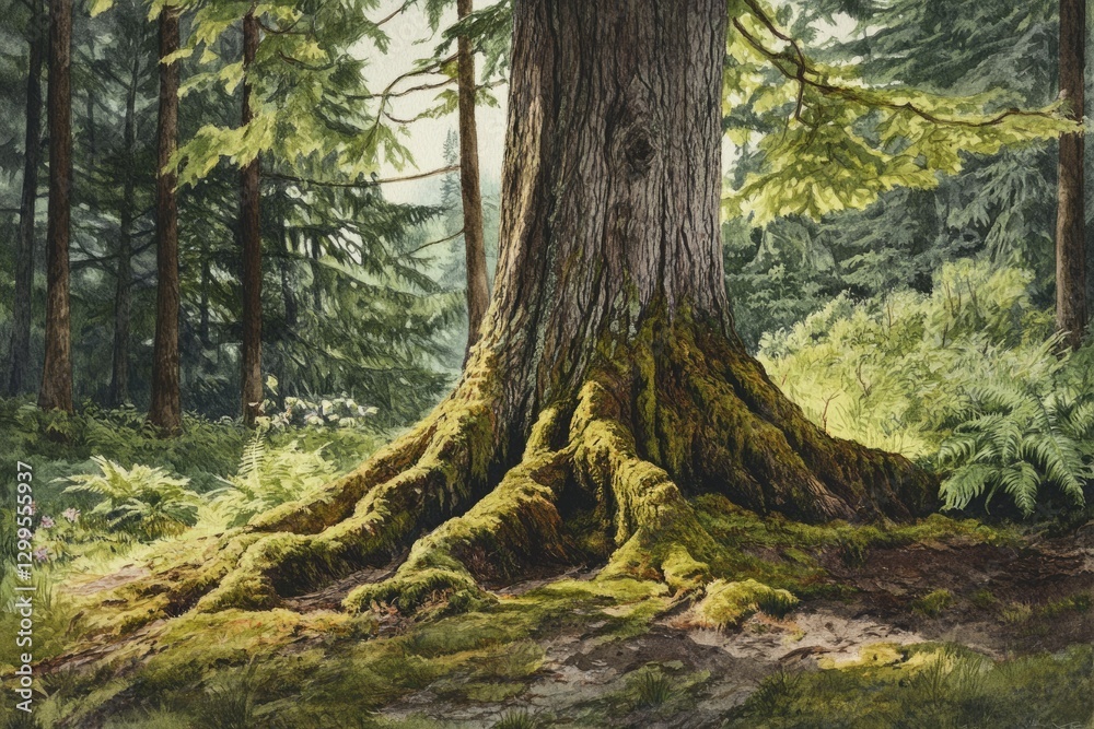 Fototapeta premium A majestic moss-covered tree dominates a lush forest floor, surrounded by ferns and other greenery.