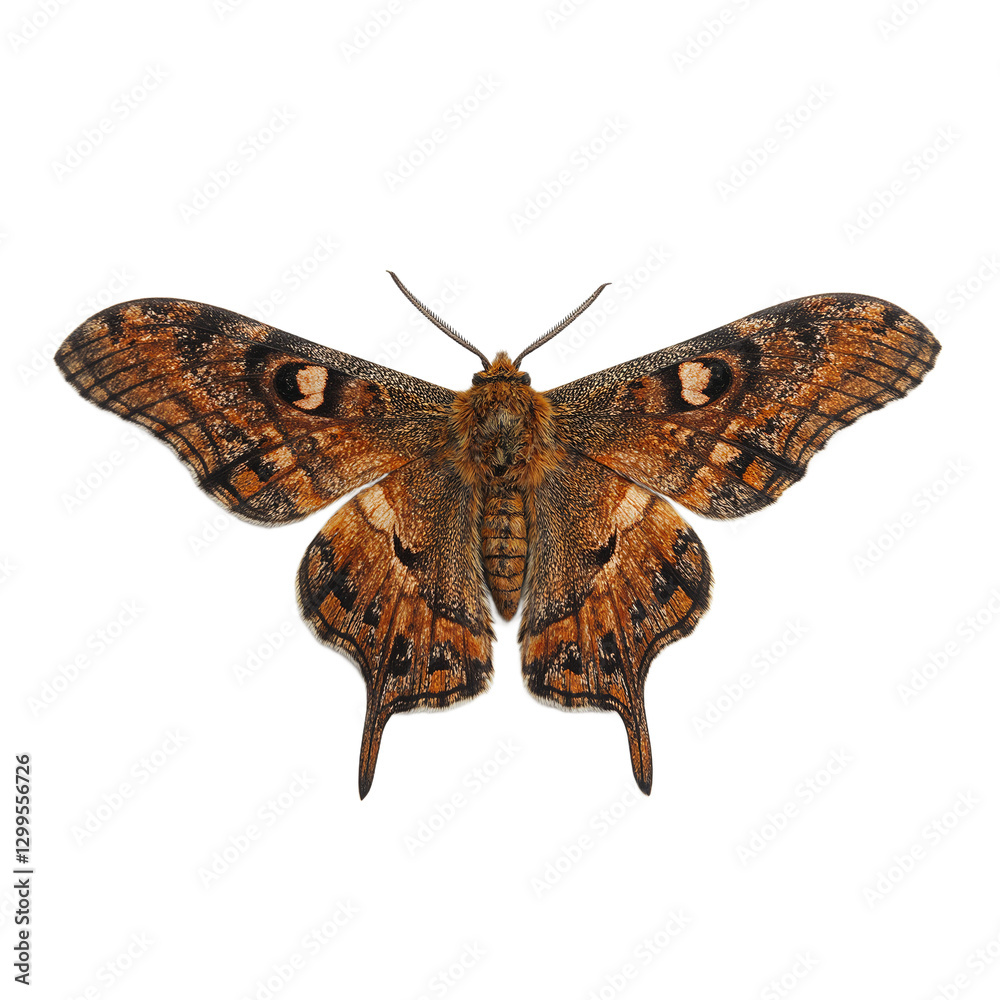 Obraz premium Vivid Atlas moth displaying intricate earthy patterns wings outstretched against a white background