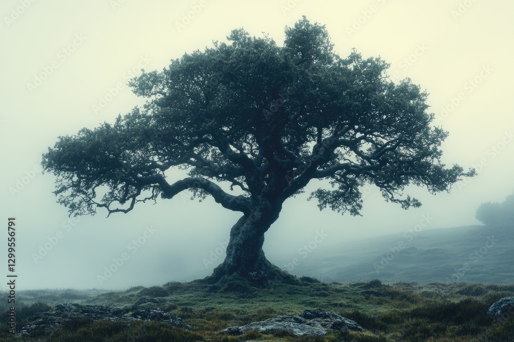 A lone, ancient tree stands shrouded in mist, a scene of serene solitude and timeless beauty. A lone, ancient tree stands shrouded in mist, a scene of serene solitude and timeless beauty.