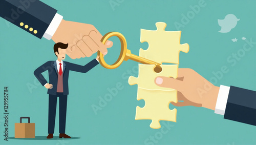 Unlocking Solutions: Businessman Holding Golden Key to Solve Puzzle, Completing Project Metaphor Vector Illustration