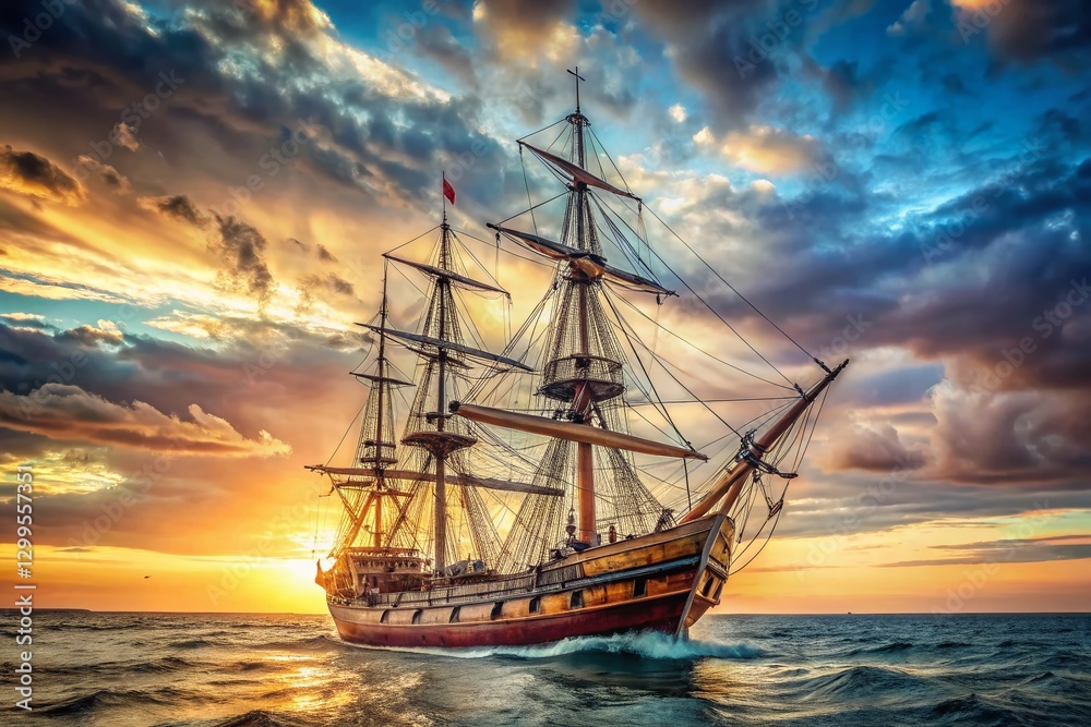 Fototapeta premium Historic British Sailing Ship, Detailed View, Documentary Photography Style