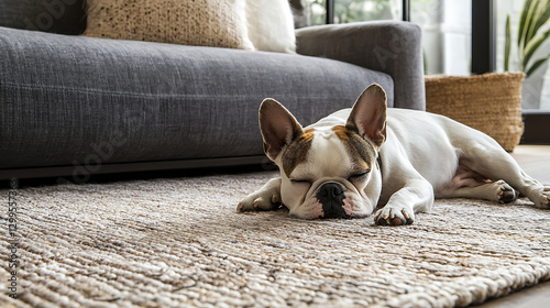 A dog is laying on a rug in a living room