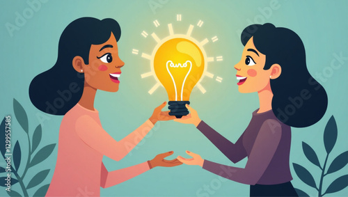 Woman Sharing Big Light Bulb, Metaphor for Idea Exchange, Teamwork and Collaboration in Creative Process