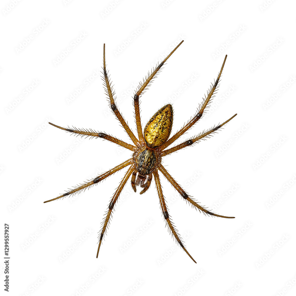 Close up of a golden silk orb weaver spider with spindly legs and glistening gold body isolated on white Close up of a golden silk orb weaver spider with spindly legs and glistening gold body isolated on white