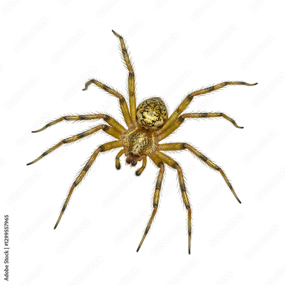 Close up of a golden silk orb weaver spider with spindly legs and glistening gold body isolated on white Close up of a golden silk orb weaver spider with spindly legs and glistening gold body isolated on white