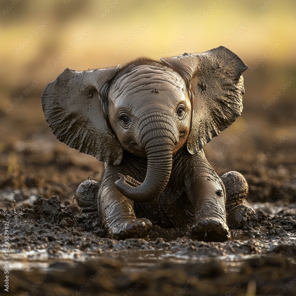 Fototapeta premium Adorable baby elephant sitting in mud.