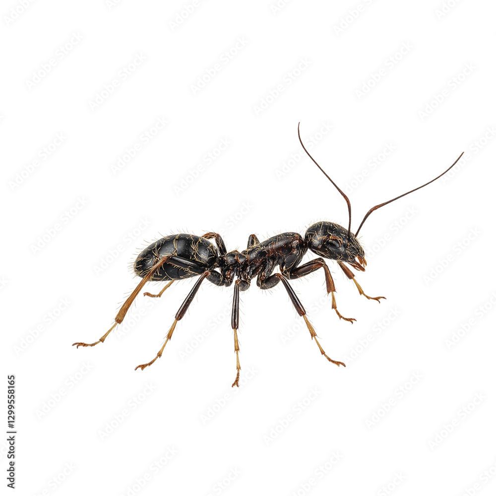 Detailed black ant isolated on white with segmented body and delicate legs antennae twitching Detailed black ant isolated on white with segmented body and delicate legs antennae twitching