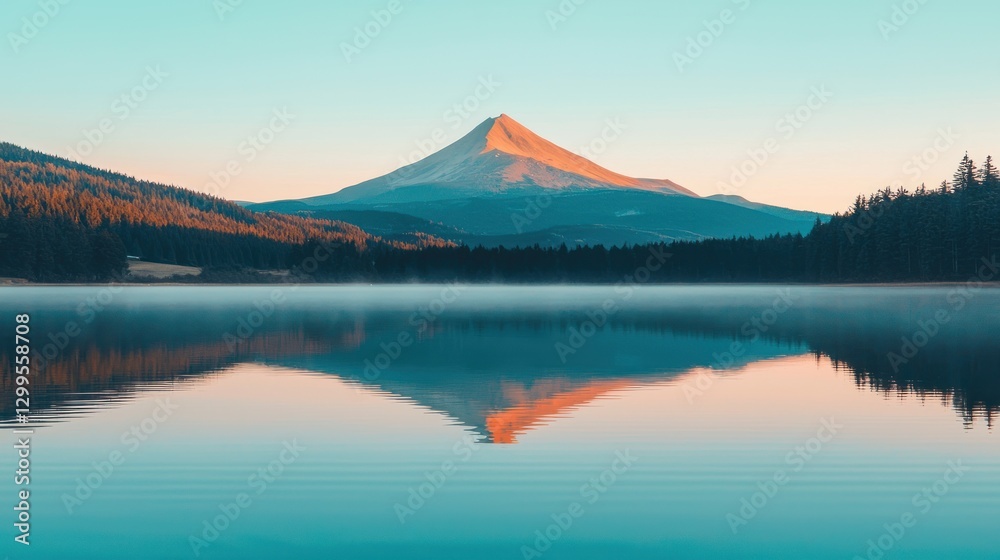 Sunrise reflecting on a tranquil lake with a majestic mountain in the background. Sunrise reflecting on a tranquil lake with a majestic mountain in the background.