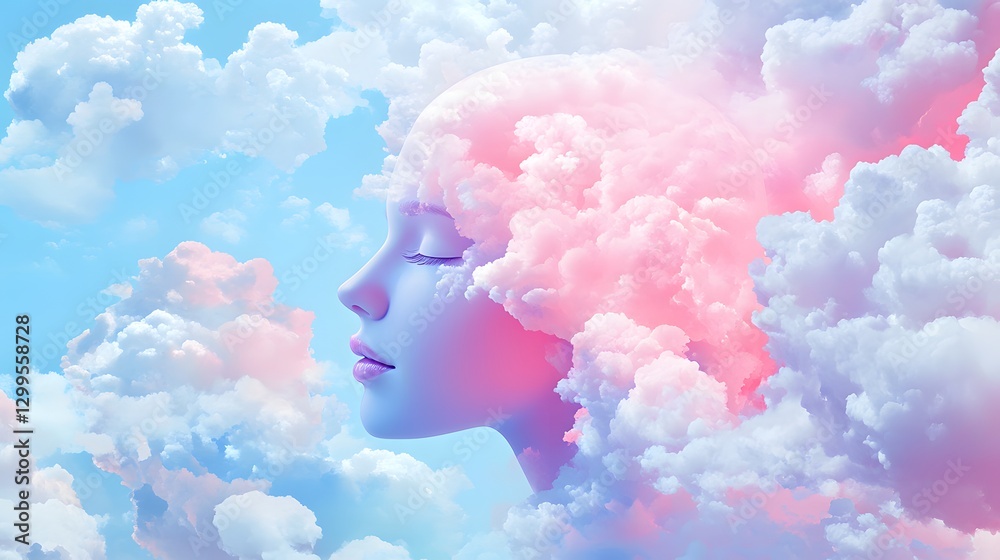 Surreal Mind Surrounded by Soft Pastel Cloud Formations in Dreamlike Landscape Surreal Mind Surrounded by Soft Pastel Cloud Formations in Dreamlike Landscape