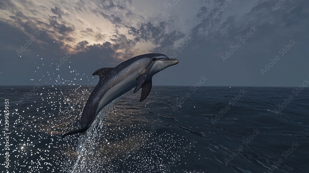 Obraz premium Dolphin leaping from ocean at sunset. (1)