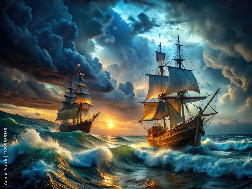 Fototapeta premium Dramatic long-exposure photos capture ancient sail ships battling the sea, creating stunning nautical art.