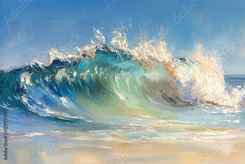 Fototapeta Naklejka Na Ścianę i Meble -  A vibrant oil painting depicts a powerful ocean wave crashing on a sandy beach under a clear blue sky.